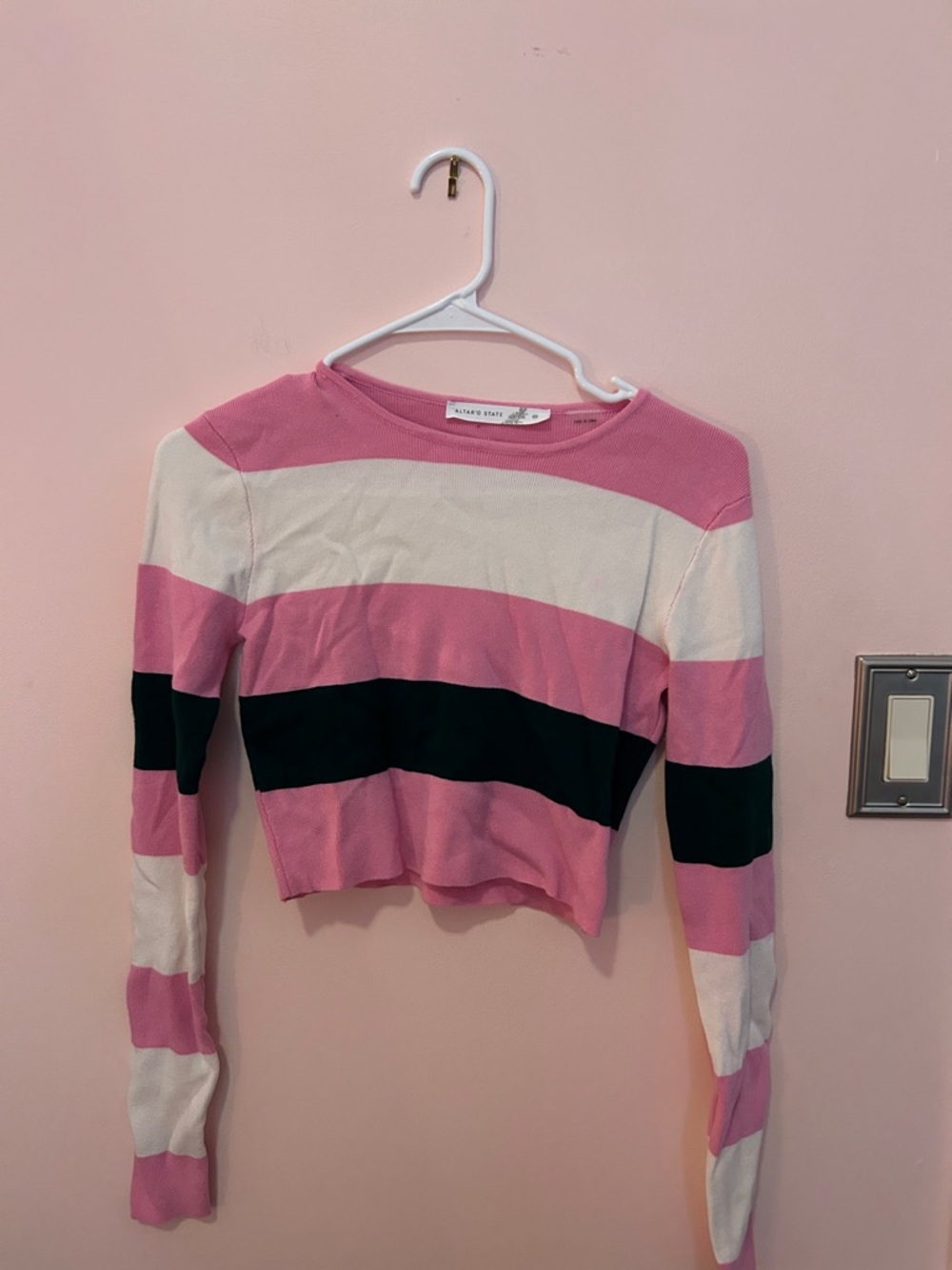 Altar'd State Pink White & Black Striped Cropped Long-Sleeve Sweater